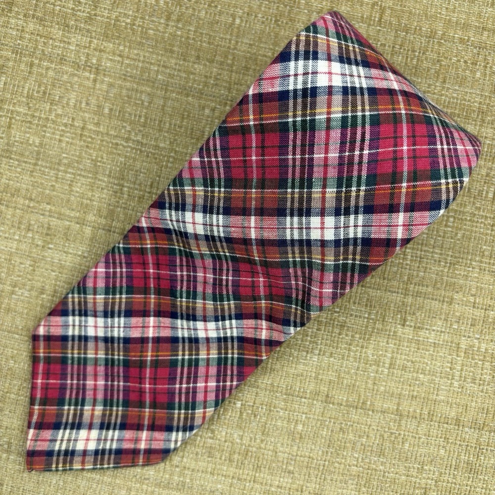 Lands' End Tie Madras Plaid 100% Cotton Red Green Made in USA Christmas Holidays
